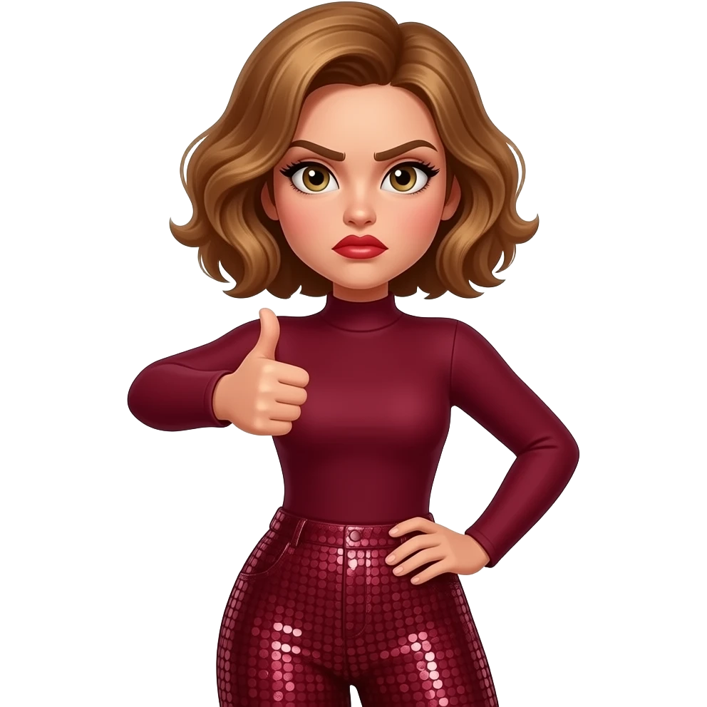 glamours,-tanned,-very-beautiful-woman-with-big-plump-red-lips,-long-lashes,-honey-silky-very short- hair,-wavy-hair,-hazel-eyes- wearing-Burgundy-Long-sleeved-bodysuit-Burgundy- sequinned-pants-Her-eyes-sparkle-and-she-is-frowning-with-thumb-down.. emoji