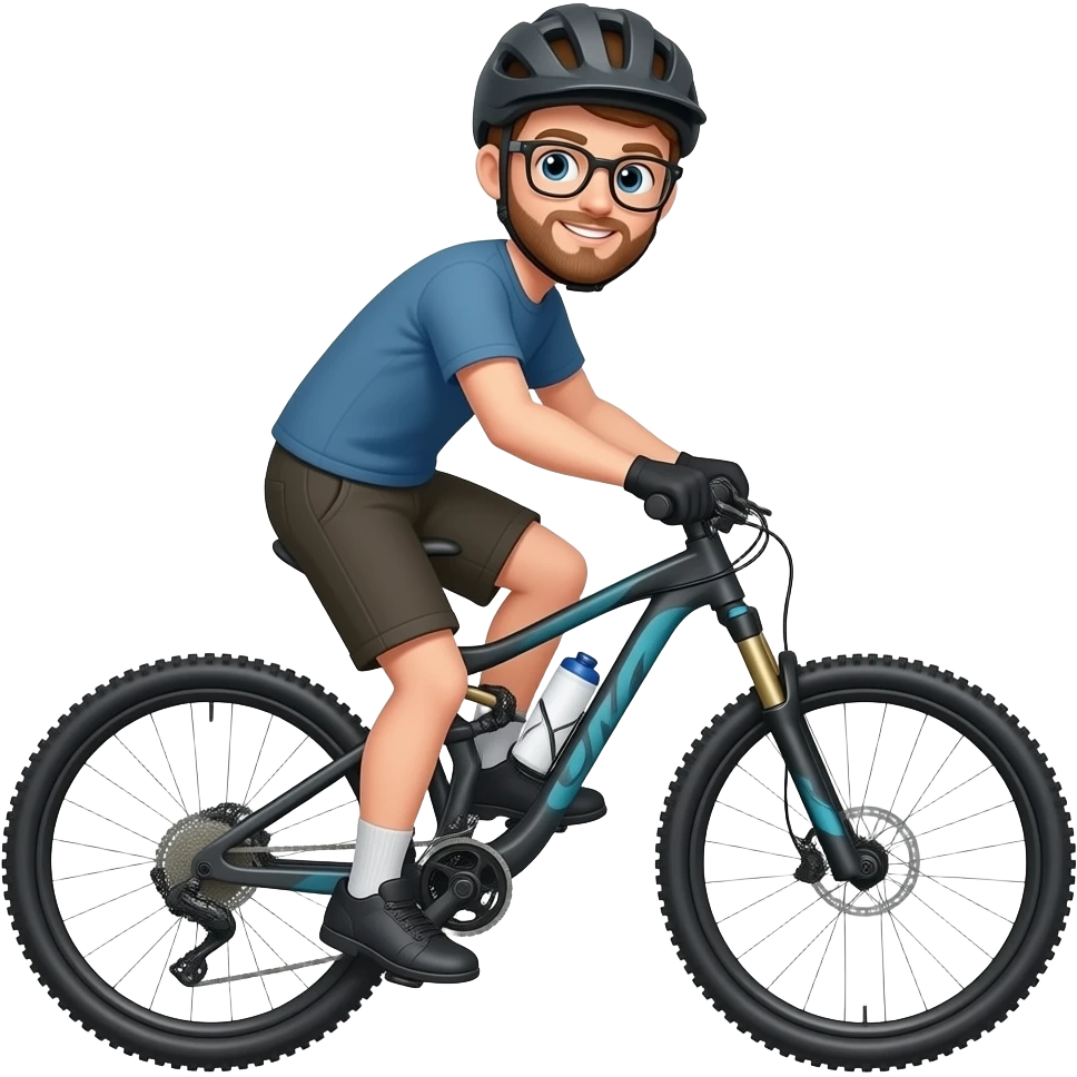 light brown hair guy with a helmet, glasses  and a small beard doing mountain bike emoji