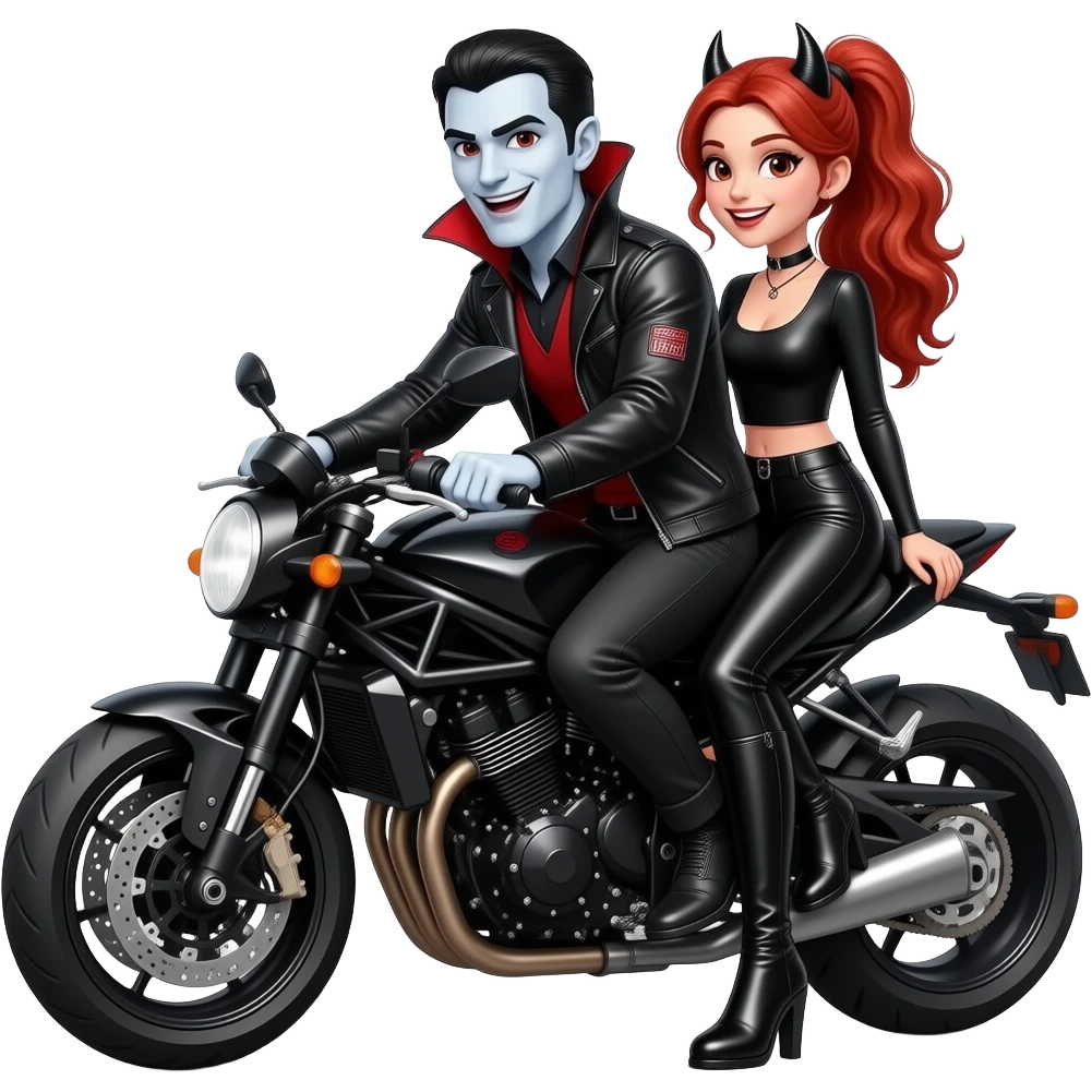 Vampiro maschio con la pelle bianca che và in moto insieme alla sua ragazza Vampiro femmina ADOLESCENTE con pelle bianca e capelli rosso ondulati lunghi raccolti in una mezza coda che indossa dei pantaloni di pelle neri un top con maniche lunghe nero e degli stivali lunghi neri e sono felici emoji