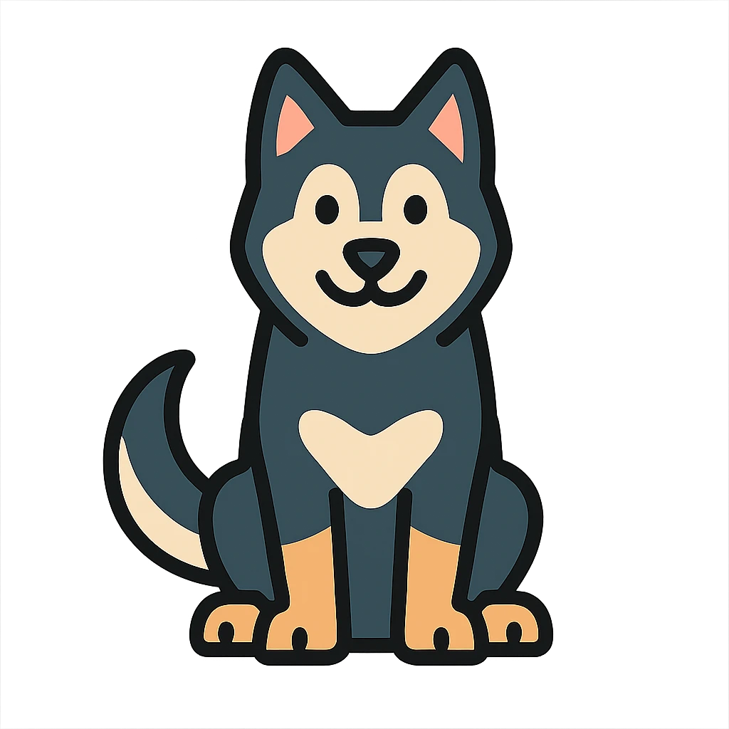 color outlined icon of a black husky dog, sitting, friendly expression emoji