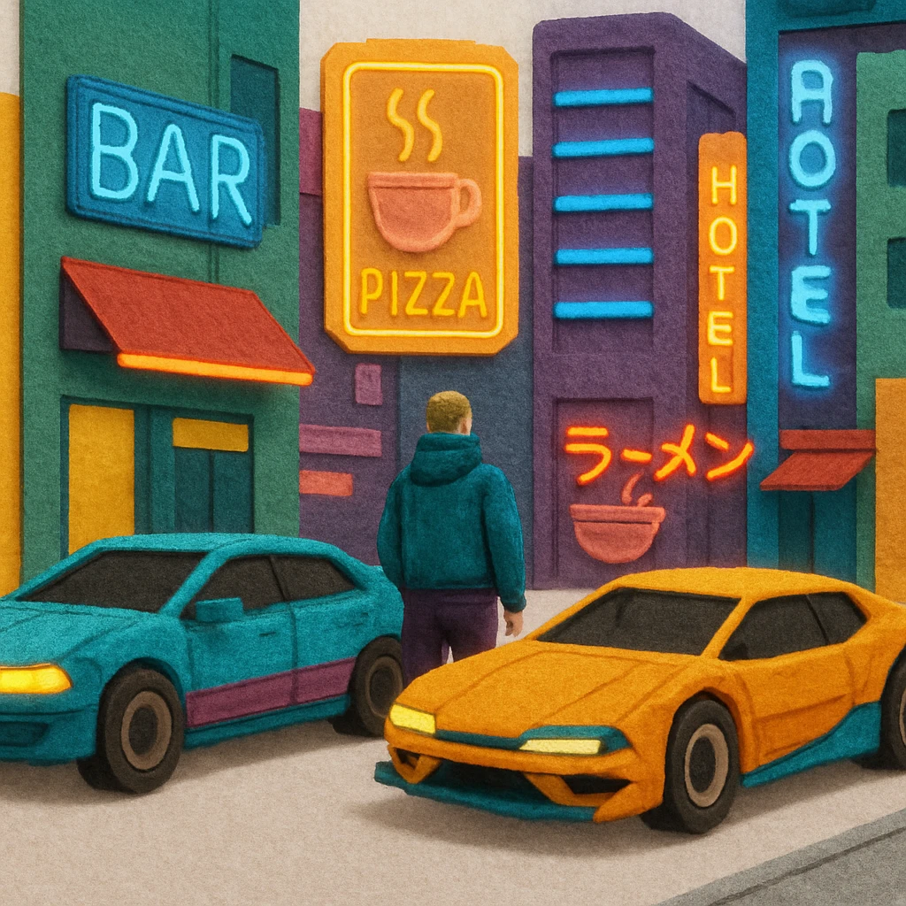 cyberpunk 2077 street scene, layered textures, neon signs, futuristic cars emoji