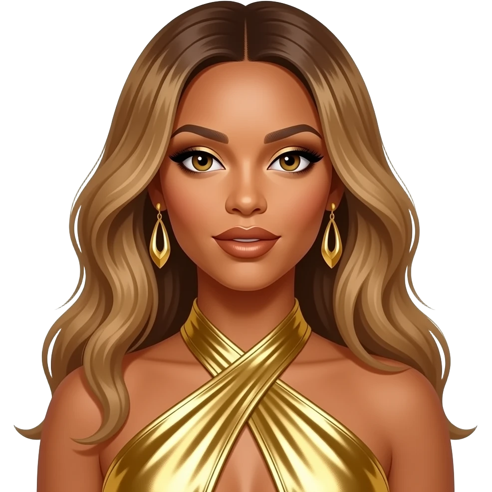 Beyonce from Destiny's Child with hazel eyes, long golden brown hair, gold eyeshadow, bronze lipstick, gold metallic halter dress, gold earrings emoji