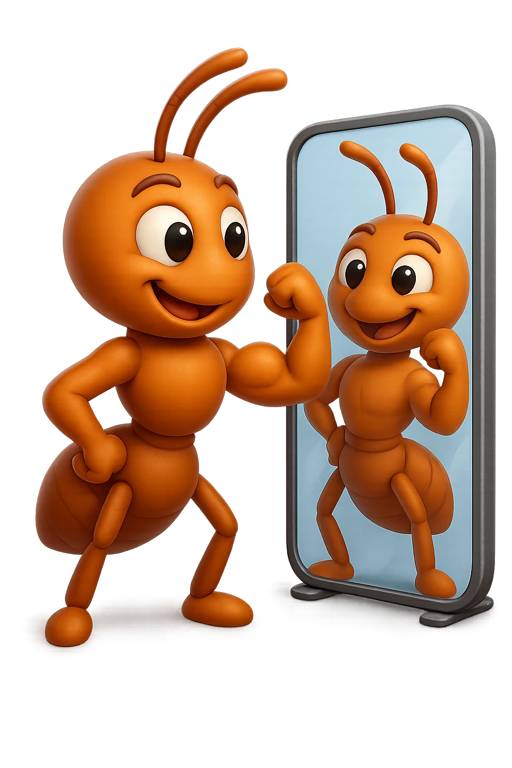 EMOJI STILE IPHONE 3D DI una formica che si guarda allo specchio felice e sicura di sè mentre contrae il suo bicipite muscoloso, fagli anche la parte bianca degli OCCHI, non solo la pupilla emoji