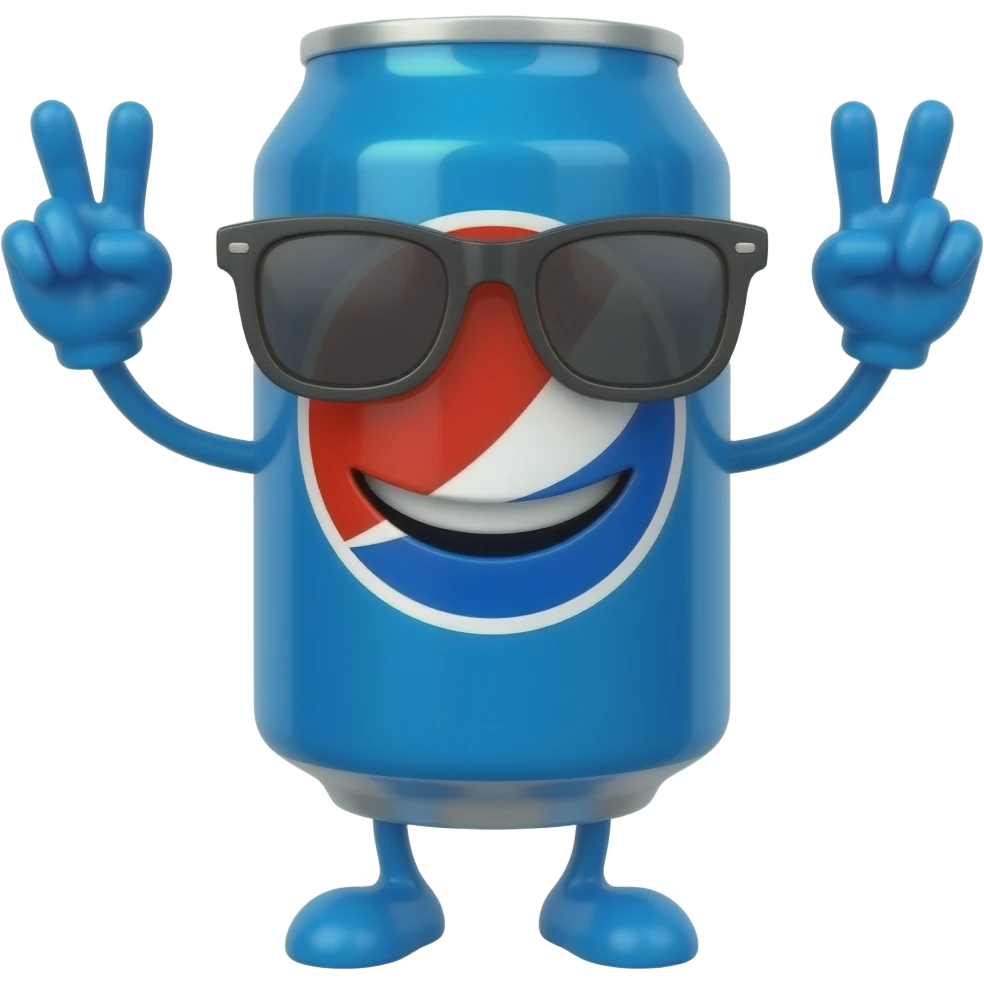a blue soda can with no design wearing sun shades and holding up 2 p signs signs with blue arms and legs no pepsi logo and hes smiling emoji