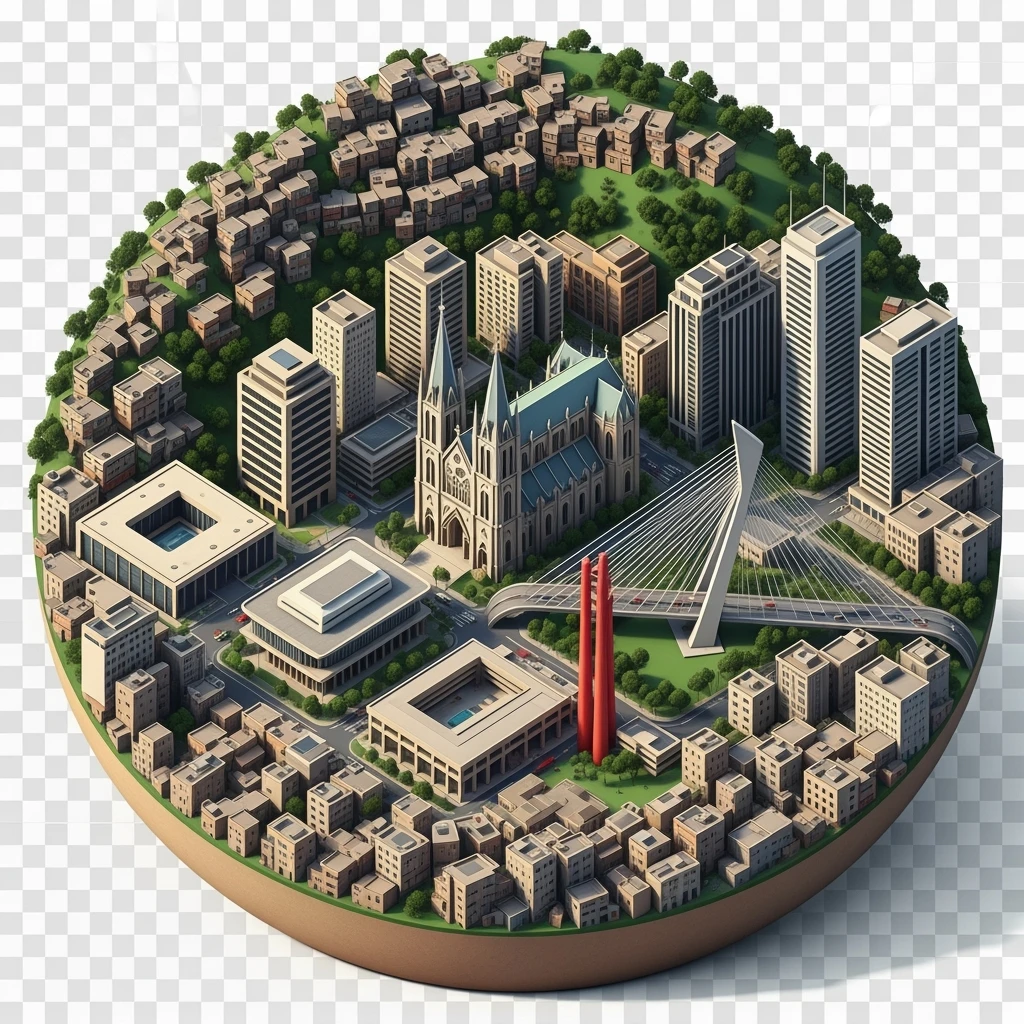 Isometric сircle miniature of São Paulo Catedral da Sé, MASP on red pillars, Octávio Frias Bridge, and Altino Arantes building, favelas on hillsides, dense chaotic urban blocks, and green parks 3D miniature effect and Tilt Shift effect, no cartoonish look, transparent background. emoji