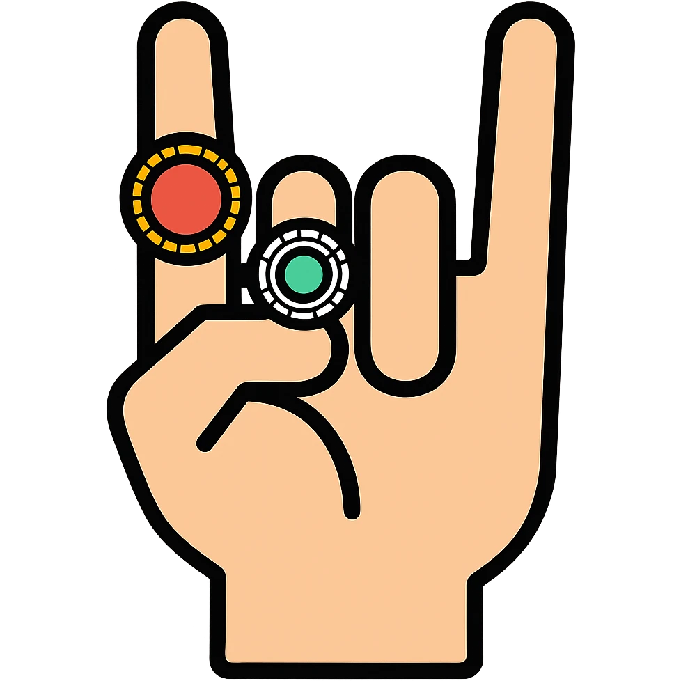 Make the rings on the hand more detailed while keeping the metal sign gesture. Maintain the color outline style with no background. emoji