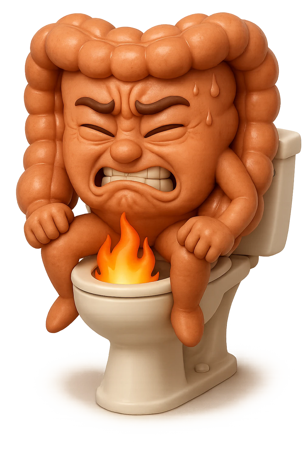 SU QUESTO STILE FAI UN EMOJI STILE IPHONE 3D DI UN INTESTINO CHE sta seduto sul wc e dal wc in mezzo alle sue gambe esce una fiamma stile emoji iphone, FAGLI UN ESPRESSIONE di dolore mentre si sforza E FALLO MOLTO REALISTICO IN 3D emoji