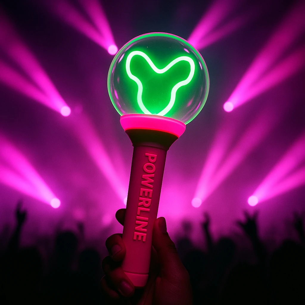 green and pink K-Pop lightstick with 'POWERLINE' on the handle, dramatic concert lighting, crowd silhouettes emoji