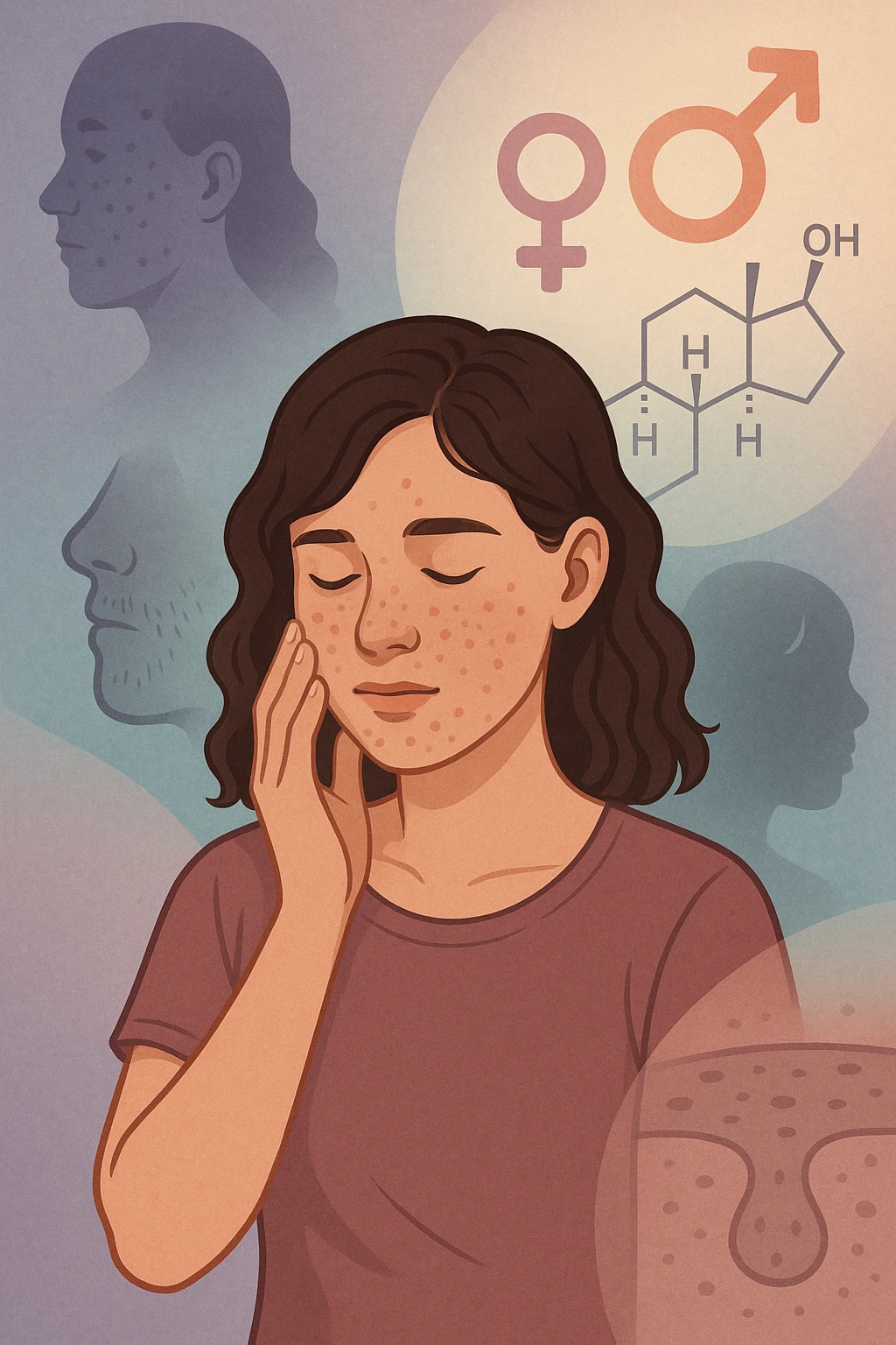A young woman is surrounded by faint overlays of hormonal symbols and androgen molecules, with shadowy images of acne, facial hair, and oily skin projected around her, symbolizing the symptoms of PCOS with androgen excess. She looks down, gently touching her face with a resigned but hopeful expression, symbolizing her journey toward managing these symptoms. in italiano emoji