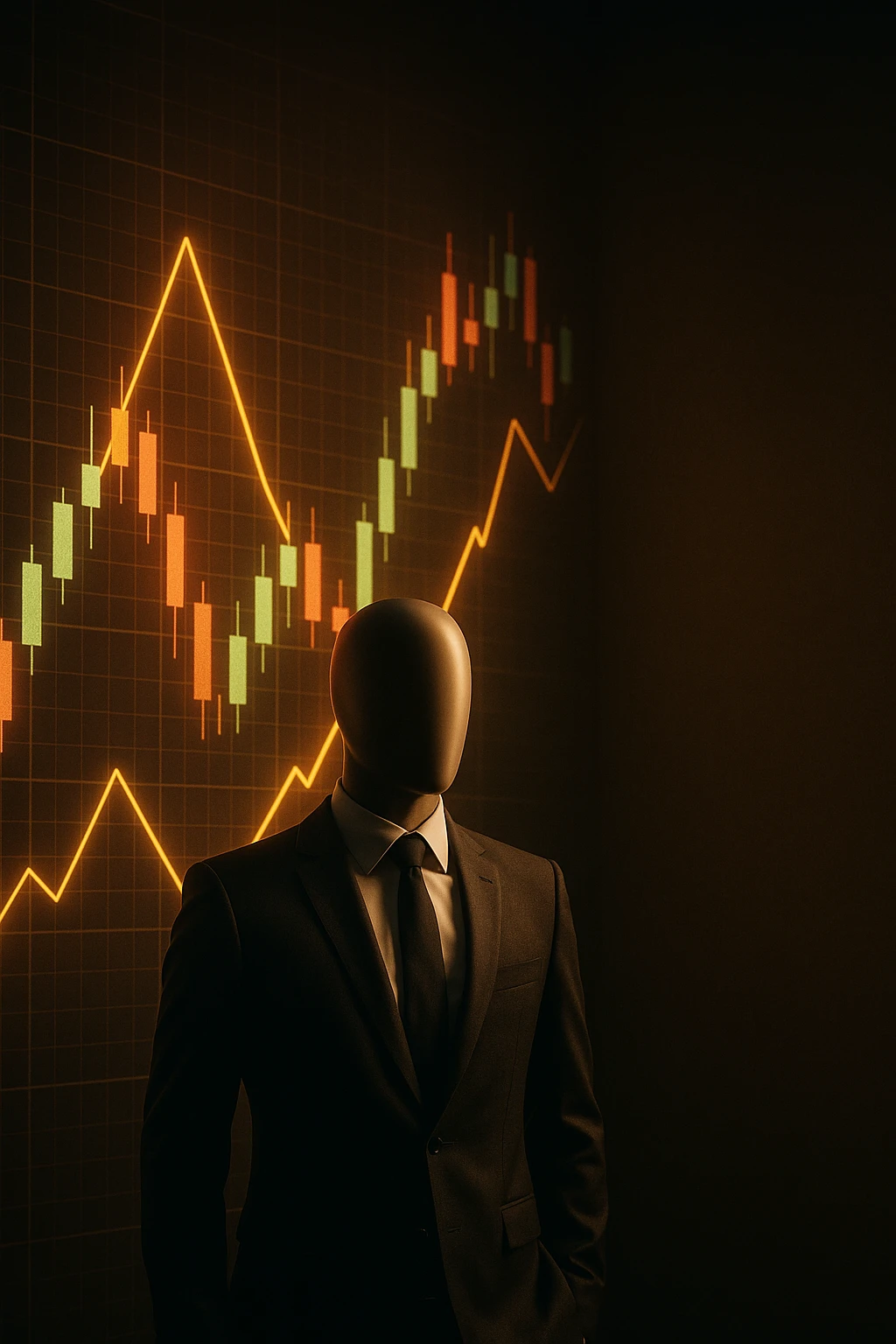 Cinematic 3D render of a faceless mannequin in a suit, standing in front of a giant glowing stock market graph (candlesticks, charts). Large empty wall space on the right for text overlay. Dramatic lighting, deep contrast, epic finance atmosphere. emoji