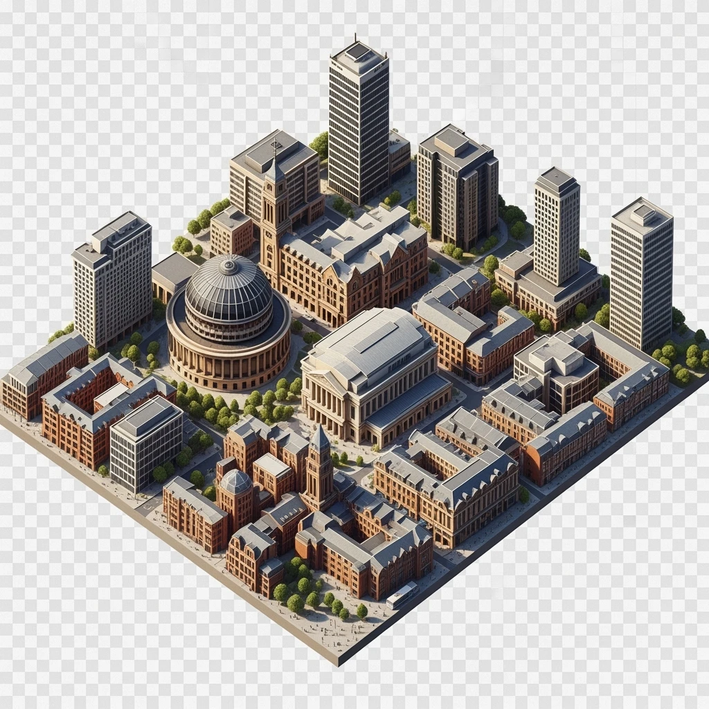 Isometric illustration-model of panorama view Birmingham with photorealistic main buildings, balanced between stylized and realistic, 3D miniature effect, transparent background. emoji
