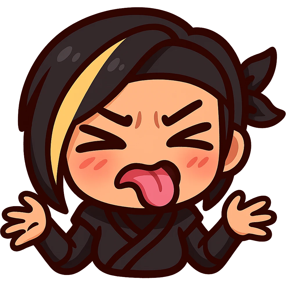Sexy chibi ninja girl with black short hair and a blonde streak, only head and arms, colorful chibi style with bold outlines, transparent background, no mask, 'ew' expression with scrunched nose, tongue sticking out, and squinting eyes, sized for Twitch emoji use. emoji