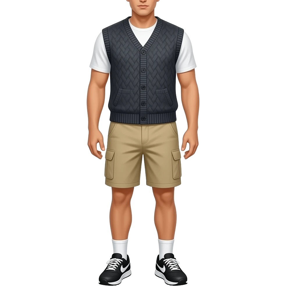 black running shoes with white socks, bare legs, beige cargo shorts and a dark grey open sweater-vest from the waist down emoji
