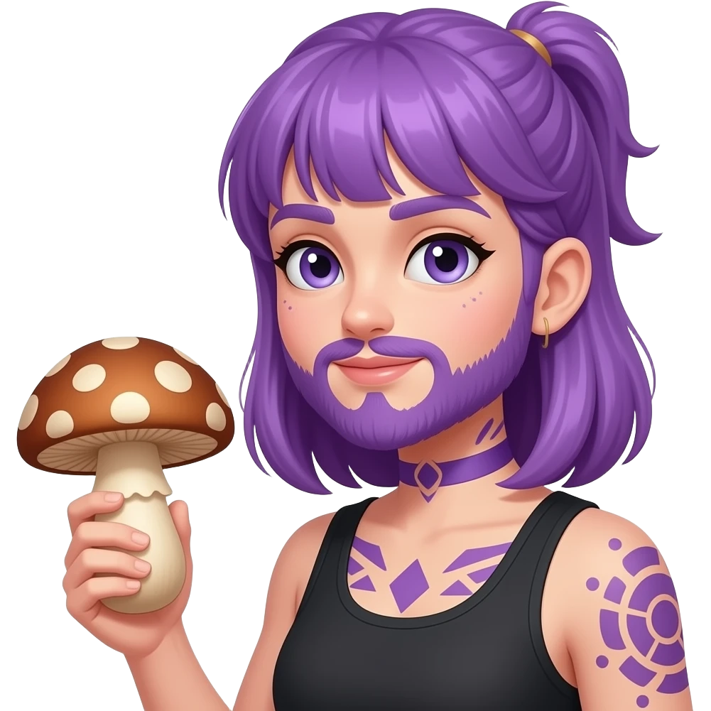 Purple haired girl  with purple tattoos with a beard with brown mush emoji