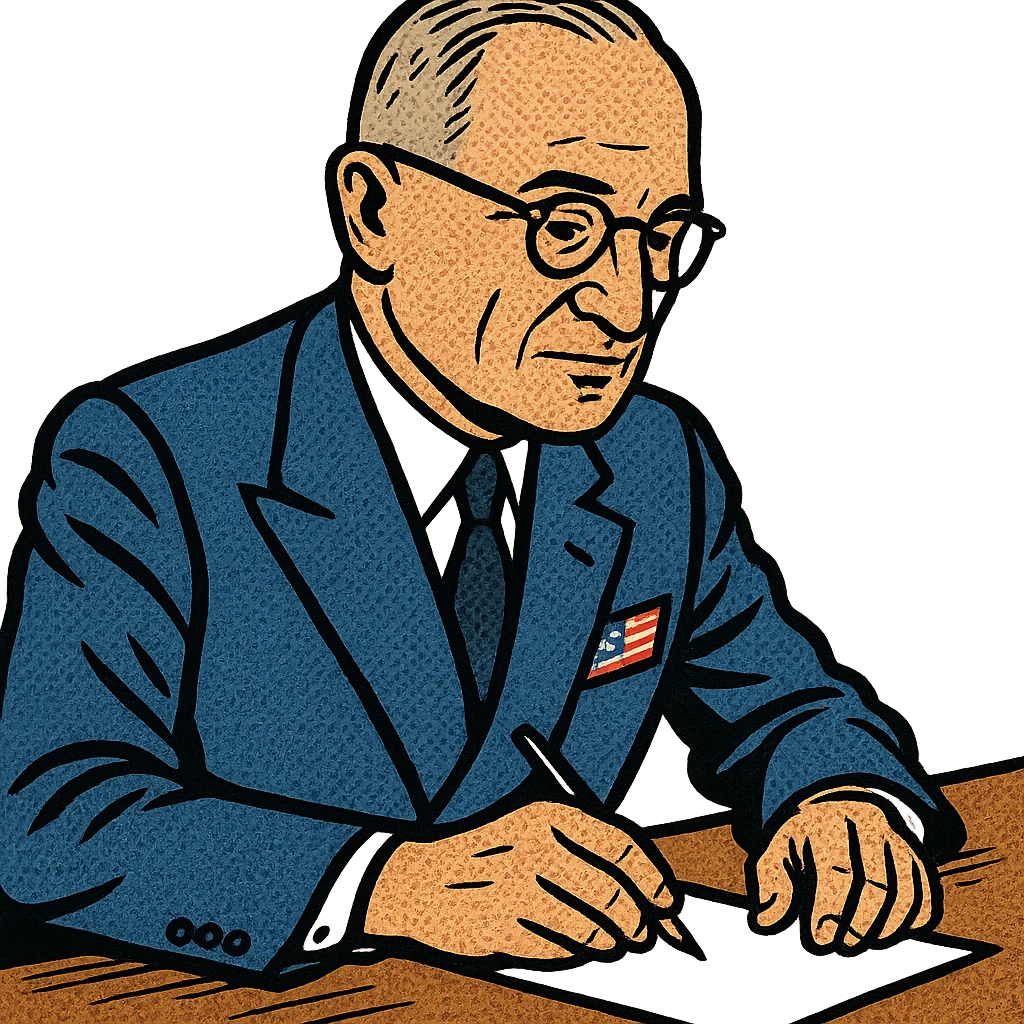 President Truman wearing a blue suit with a large US flag badge sitting down at a desk writing a letter The president should be facing right emoji