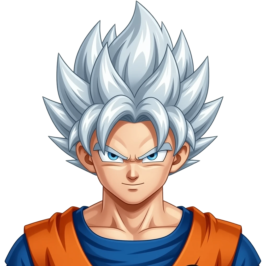 Goku ultra instinct with silver shining hair and eyes with a calm look emoji