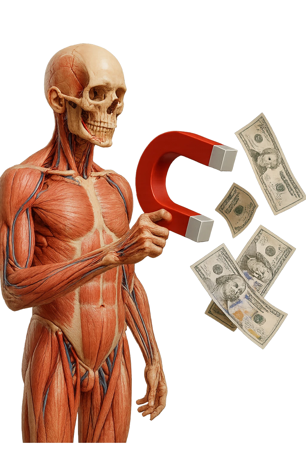 corpo umano anatomico con calamita rossa in mano che attira banconote, iperrealistica 4k, isolato su sfondo bianco emoji