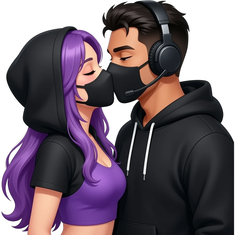 sexy girl with long purple hair and purple wearing in a black hoodie with a black mask is get kissed from an blackhaired attractive man in a black hoodie with a black mask and a headset emoji