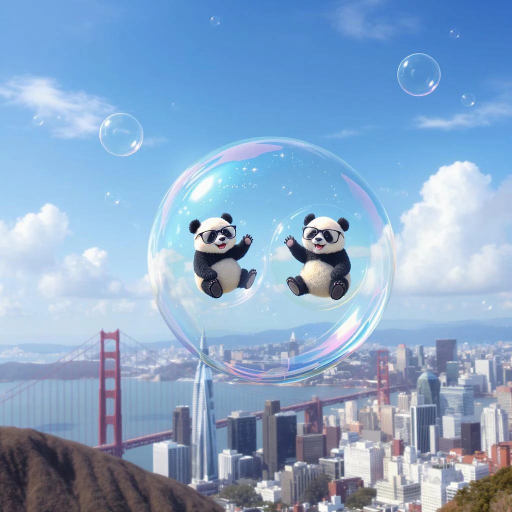 pandas bears sitting inside bubbles flying around San Francisco downtown, sunny summer day, happy vibe emoji