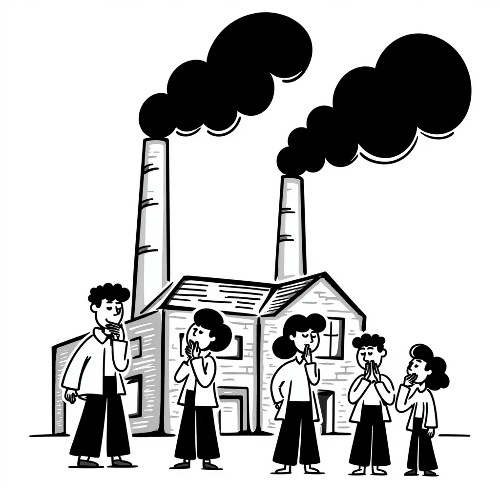 A factory with chimneys pumping out smoke and pollution with people coughing and choking emoji