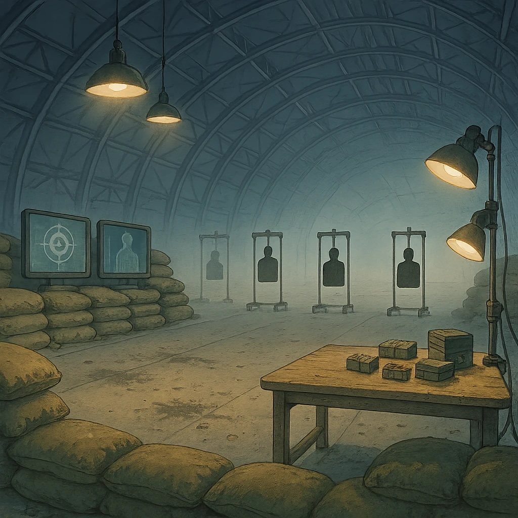 an indoor target range, inside a blimp hangar, monitor screens, sandbags, mechanical target stands with silhouette, overhead lights, blast marks on the floor, sandbags, firing range table set with ammo boxes, large work lamps, atmospheric perspective emoji