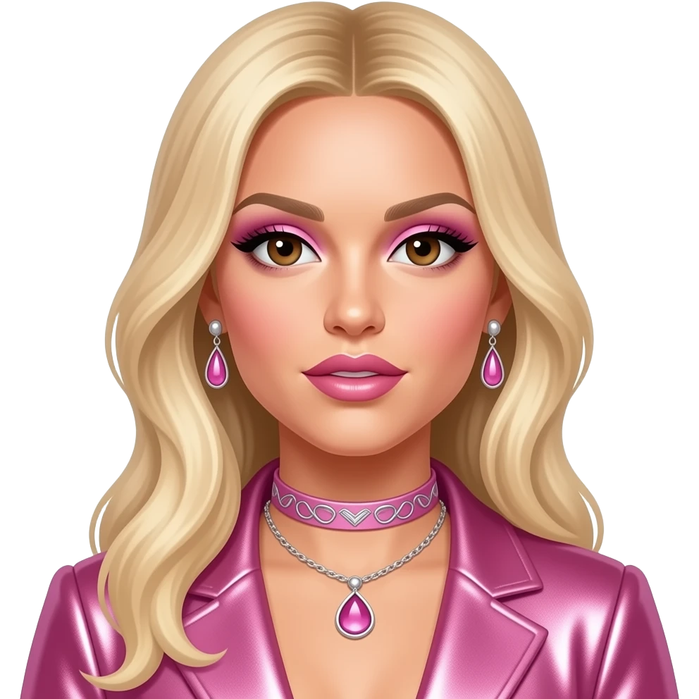 Britney Spears with brown eyes, long blonde hair, pink eyeshadow and lipstick, pink metallic pop outfit, necklace and earrings emoji