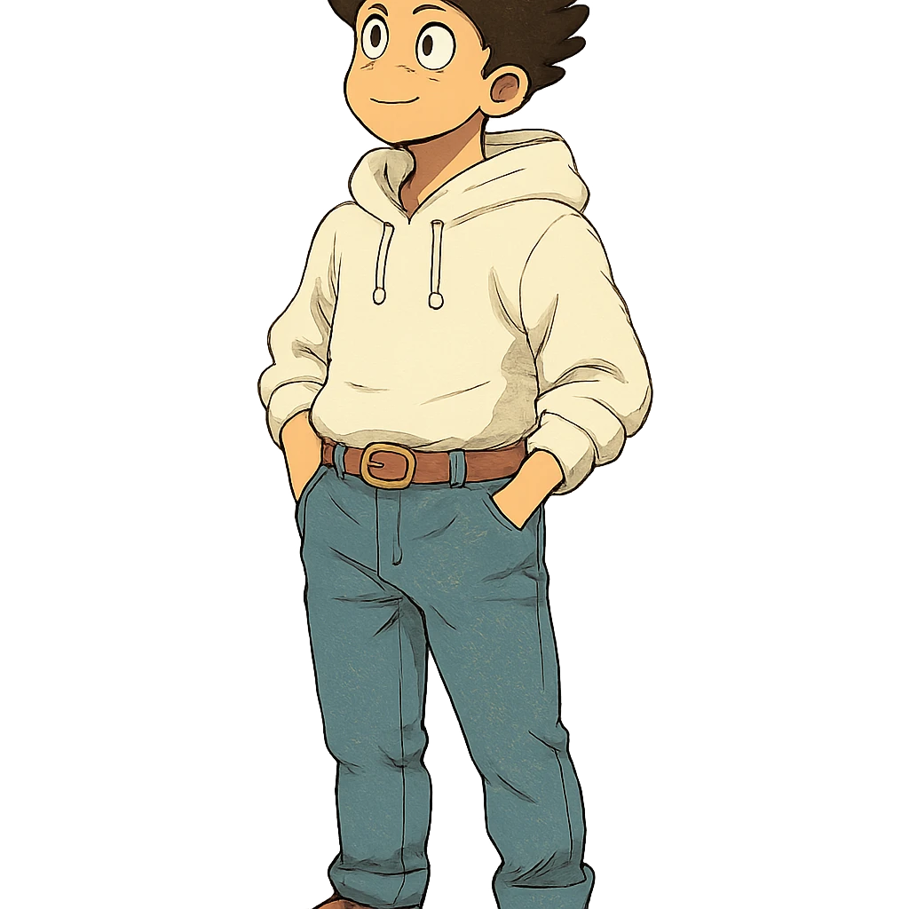 1 male, mid fade haircut dark chestnut brown curly hair, toasted lightskin, white hoodie sleeves up, fashion jeans, red fashion-sneakers shoes, red belt,  style of deku from "my hero academia" emoji