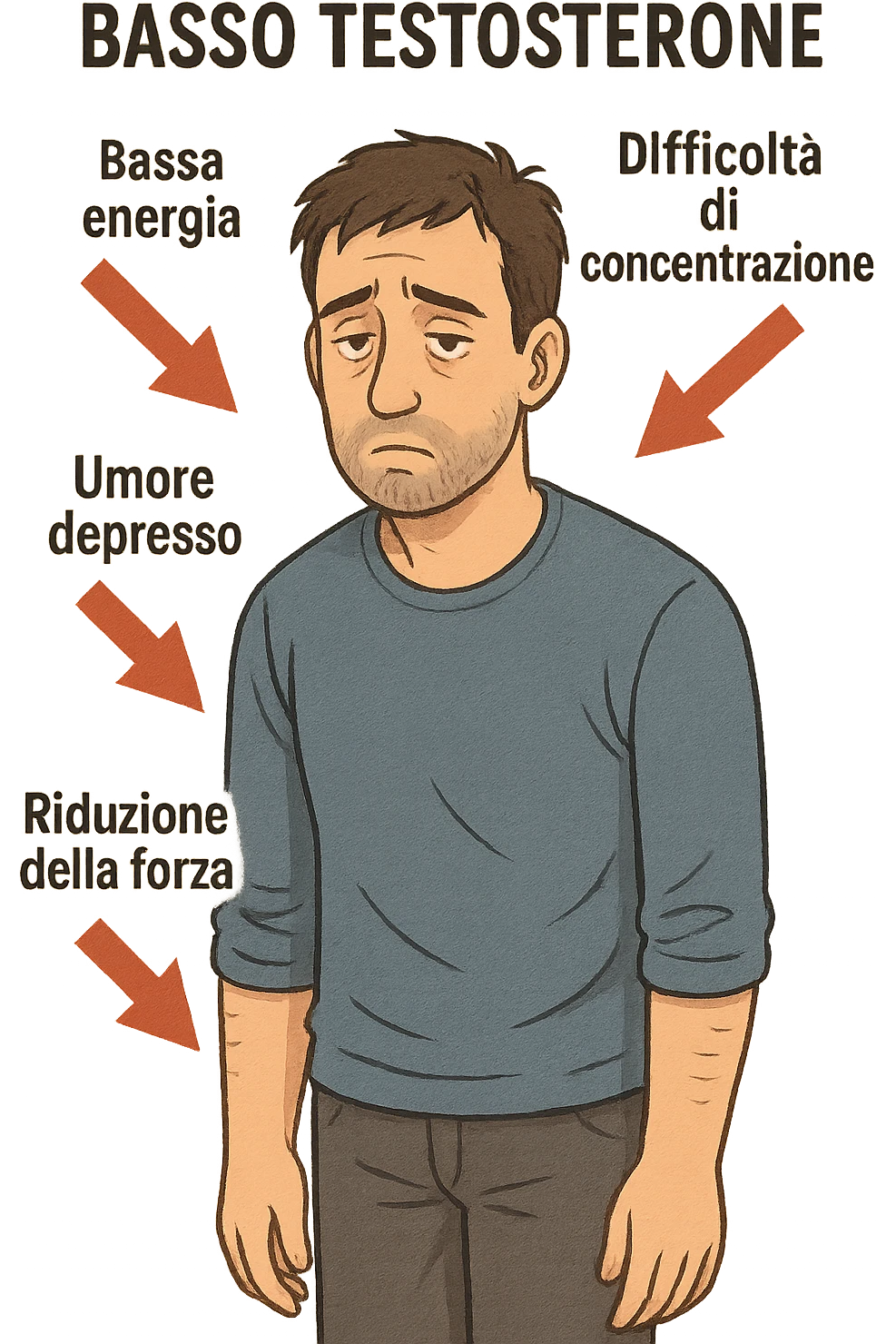  un uomo con espressione affaticata, circondato da frecce rosse che evidenziano sintomi di testosterone basso. Le frecce sono accompagnate da scritte in italiano come “Bassa energia”, “Difficoltà di concentrazione”, “Umore depresso”, “Riduzione della forza”. L’ambiente è semplice, con colori neutri e dettagli realistici. emoji