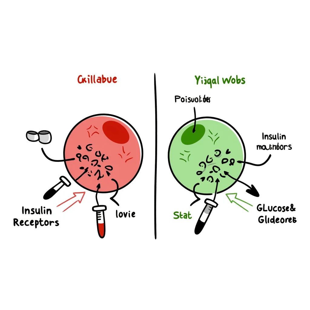 Anti-diabetic treatment visualization: hand-drawn diagram comparing high glucose state (red side) versus treated state (green side) with medication symbols, insulin receptors, and cellular glucose uptake. Colorful educational illustration with before/after comparison and labeled components. emoji