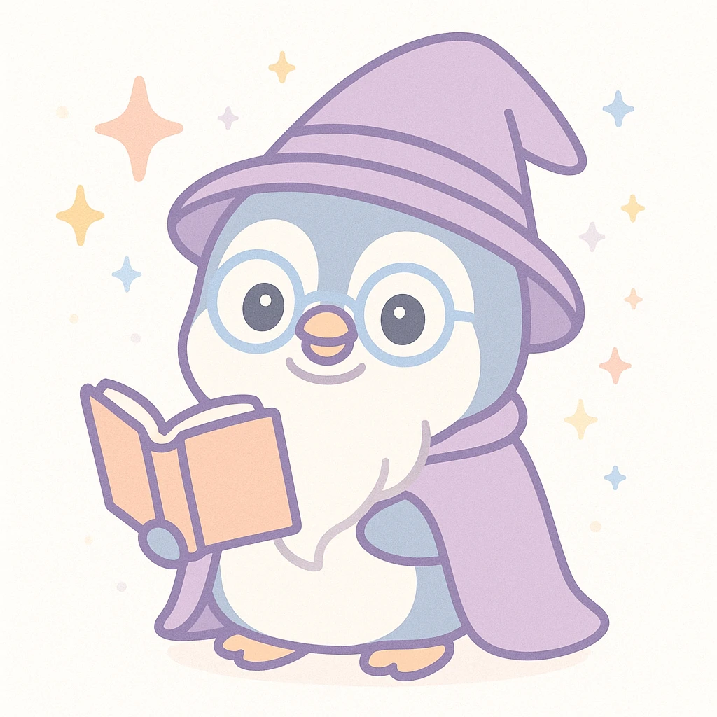 a cartoon penguin wizard with glasses, a long beard, and a spellbook, surrounded by magical effects emoji