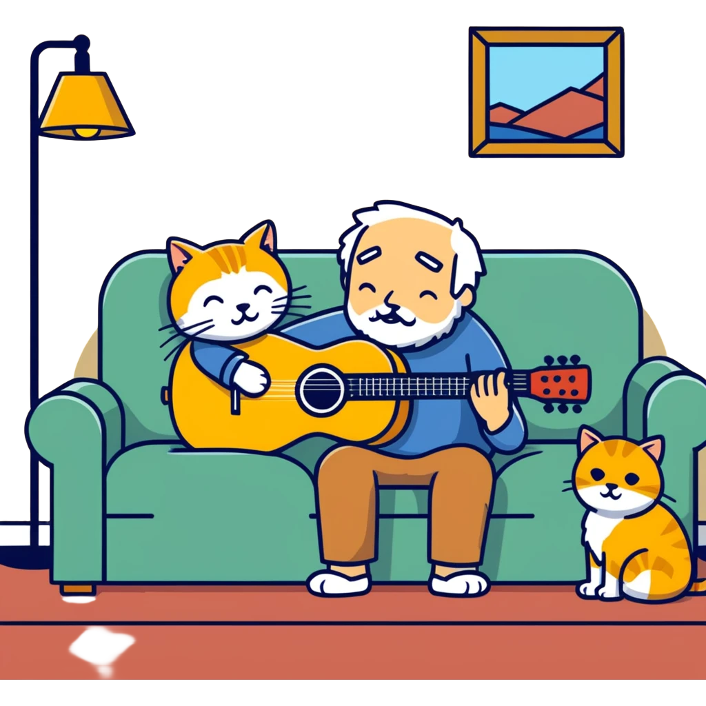  old blind man playing guitar  on the couch with his golden cat  emoji