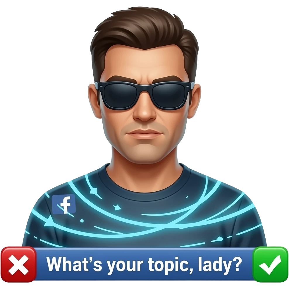 A informal man with sunglasses, glowing digital, symbols on the around, a left side Facebook logo, on the left shoulder, looking at viewer, a serious. Text on below banner: 'What's your topic, lady?' shimmering a red x cross and a green check icons emoji
