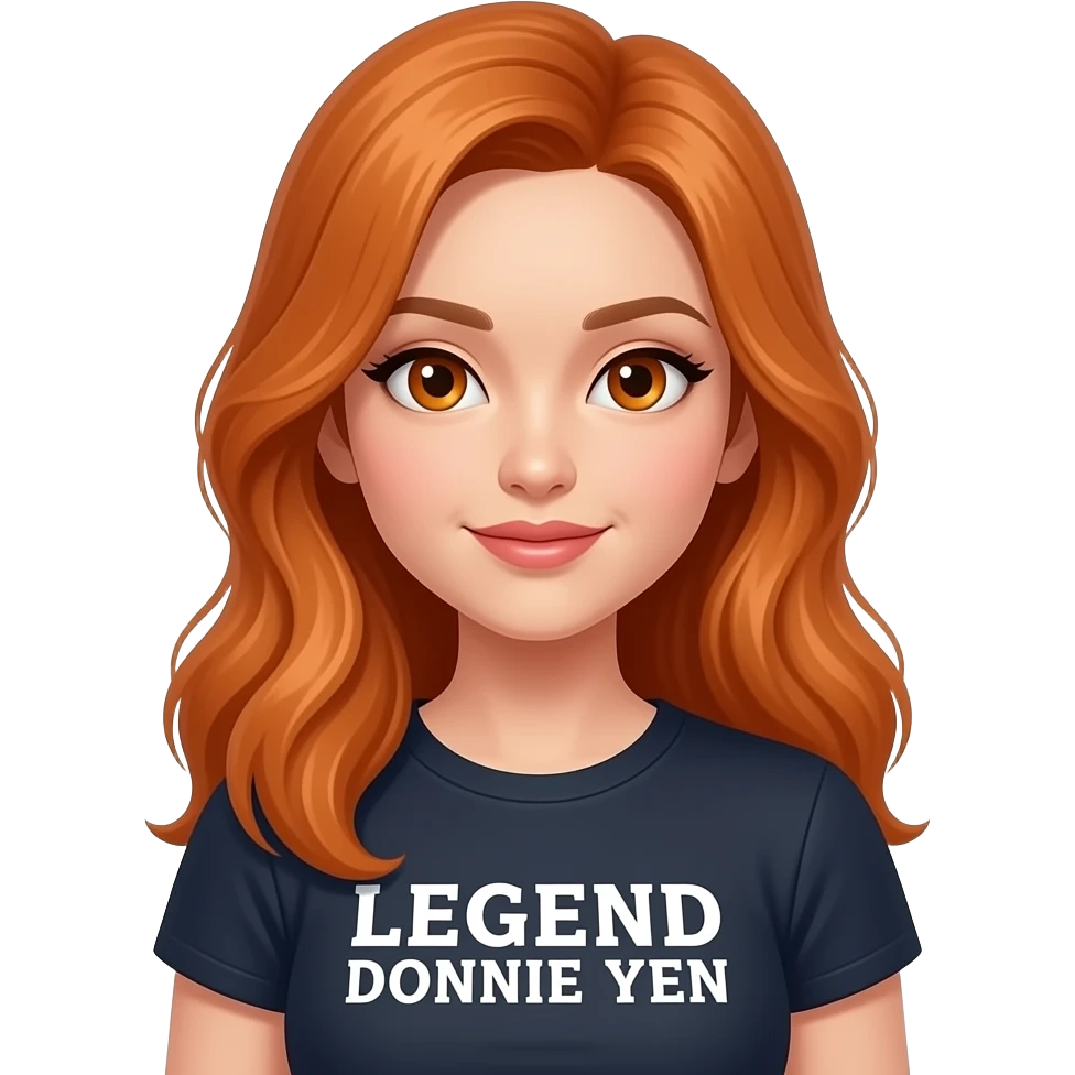 sexy girl with long ginger hair and ginger eyes a top with LEGEND DONNIE YEN written on it emoji