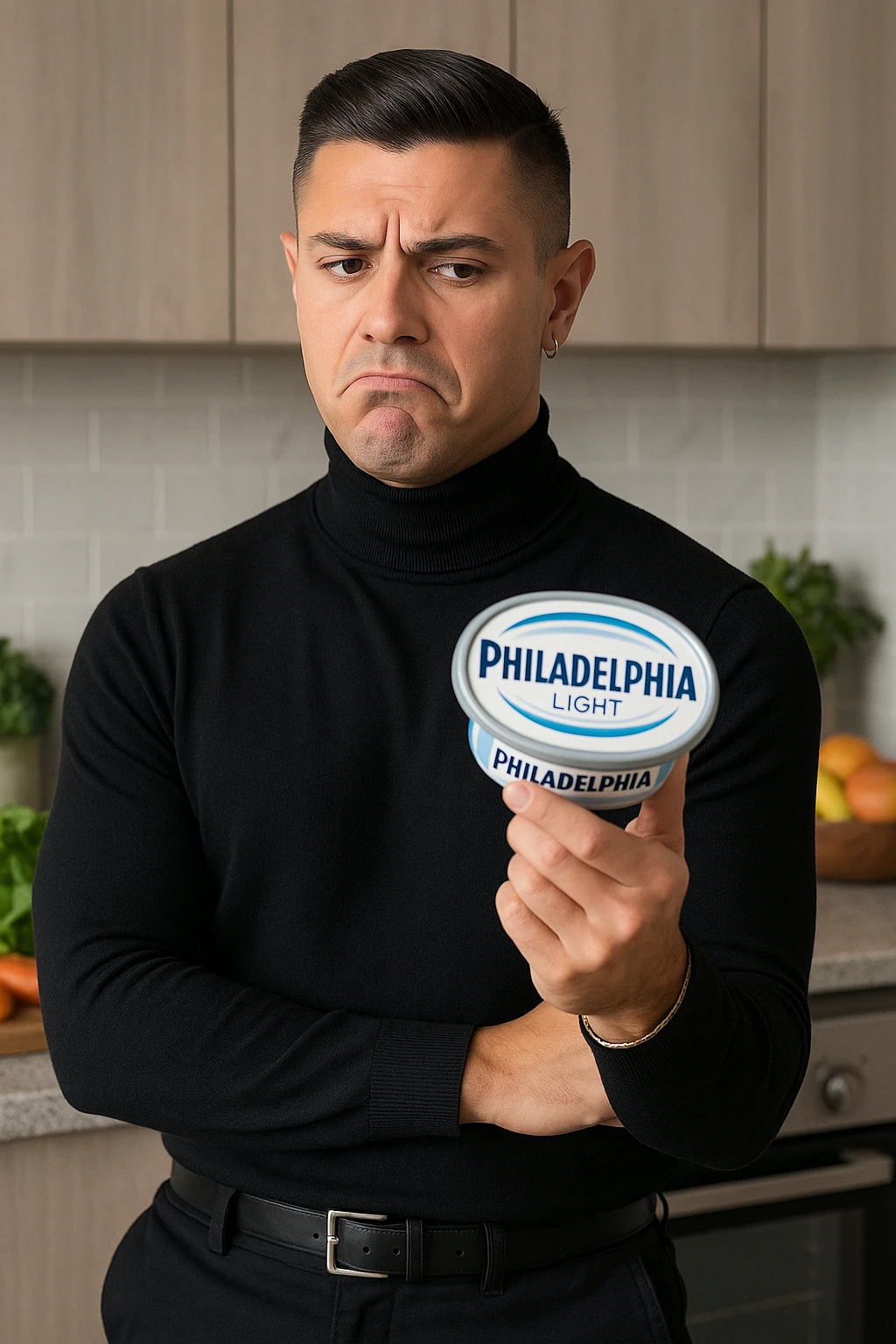 a man stands in his kitchen, holding a tub of Philadelphia Light cream cheese in one hand. He looks at it with a skeptical, slightly disapproving expression, eyebrows furrowed and lips pursed. The background shows a modern kitchen with healthy food options visible on the counter, emphasizing his awareness of better choices. The mood is reflective and subtly critical. emoji