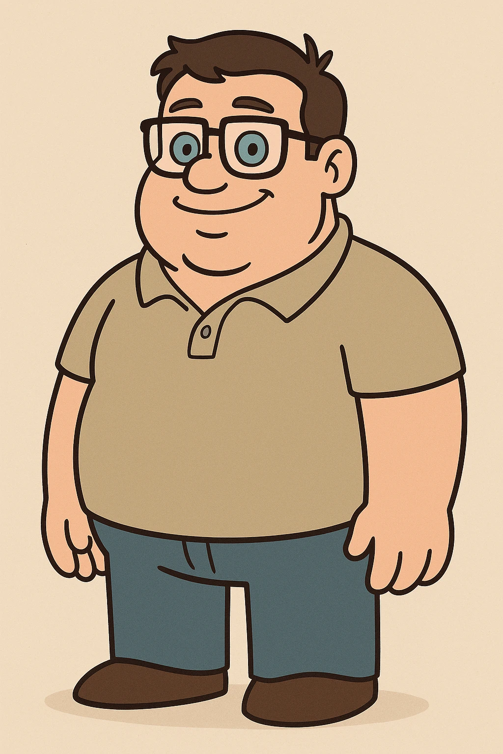 cartoon character, male, stocky, short dark brown hair, glasses, greeny blue eyes, smiling emoji