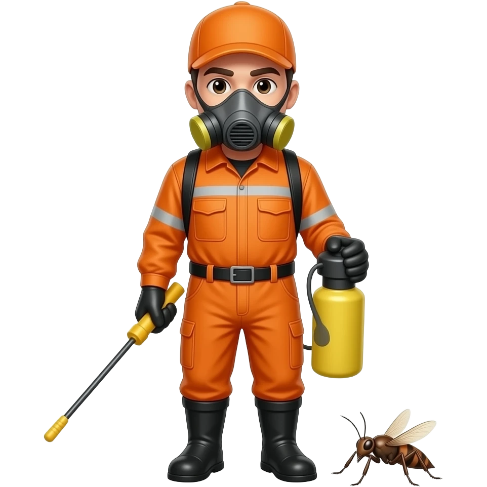 Insecticide man front facing with full orange uniform and mask, holding insect spray emoji