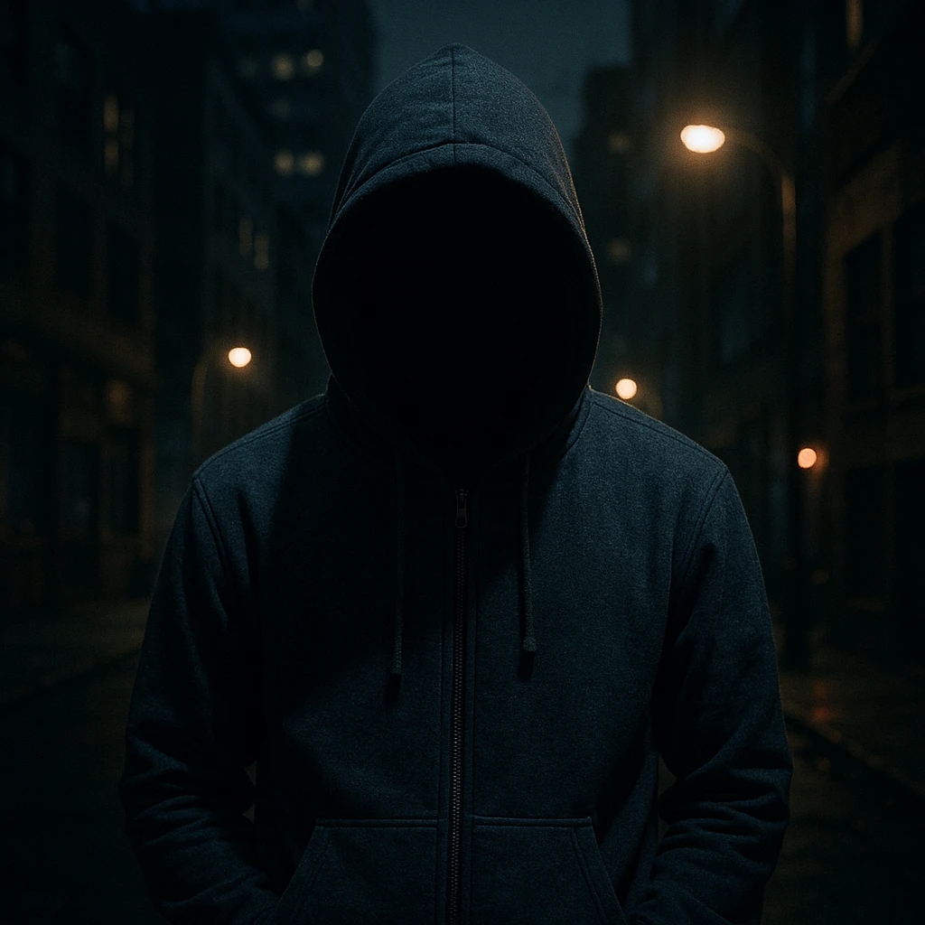 mysterious man, shadowed face, wearing a hoodie, urban background emoji