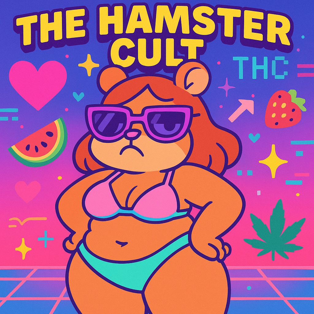 Vibrant, square Discord server icon for 'The Hamster Cult (THC)'. Central character: thick tan anthro cute hamster girl with big thighs, chubby tummy, pouty lips, and a bratty attitude, wearing a pastel bikini and oversized sunglasses. Colorful, vaporwave-inspired background with neon hearts, fruitger aero and webcore pixel details, weed leaf, subtle 'THC' logo. Minimal or no snacks. Playful, bratty, chaotic but polished, perfect for a Discord icon. emoji