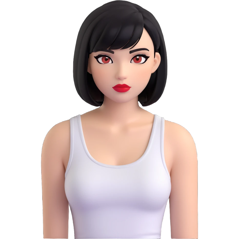 A pretty girl with black straight bob hair. She has hazel eyes with black eyeliner. She has plump red lips. She is wearing a white tank top emoji