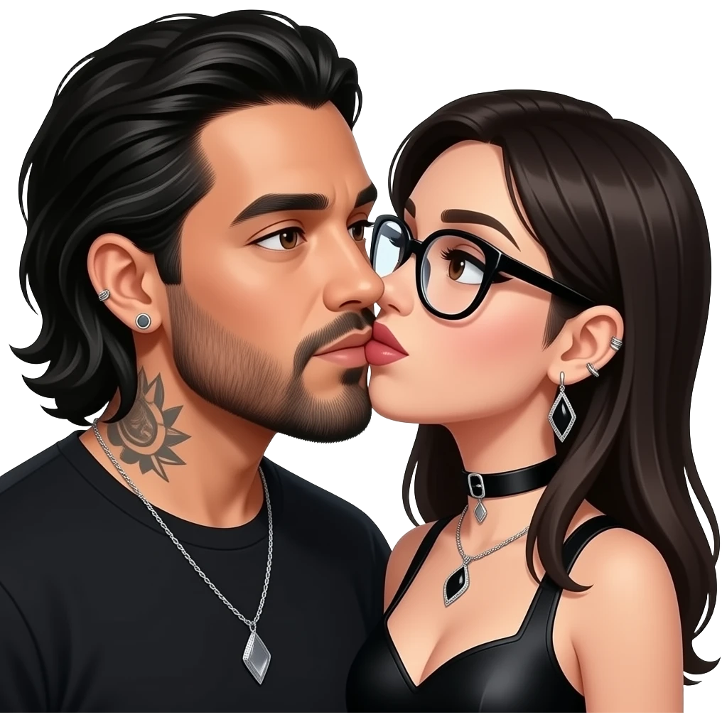 The handsome manly Latino podcast host with medium length hair, a long slightly graying beard and tattoos with his ears pierced 1 time each ear and a nose ring on the right side, dark brown eyes, wearing black, and jewelry, kissing a semi gothic woman with oversized glasses emoji