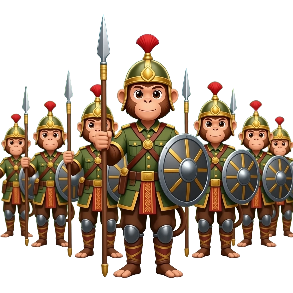 A Thai monkey soldier (Basic), brown fur, holding a spear and shield, simple traditional warrior uniform, standing in formation, jungle background, card game style. emoji