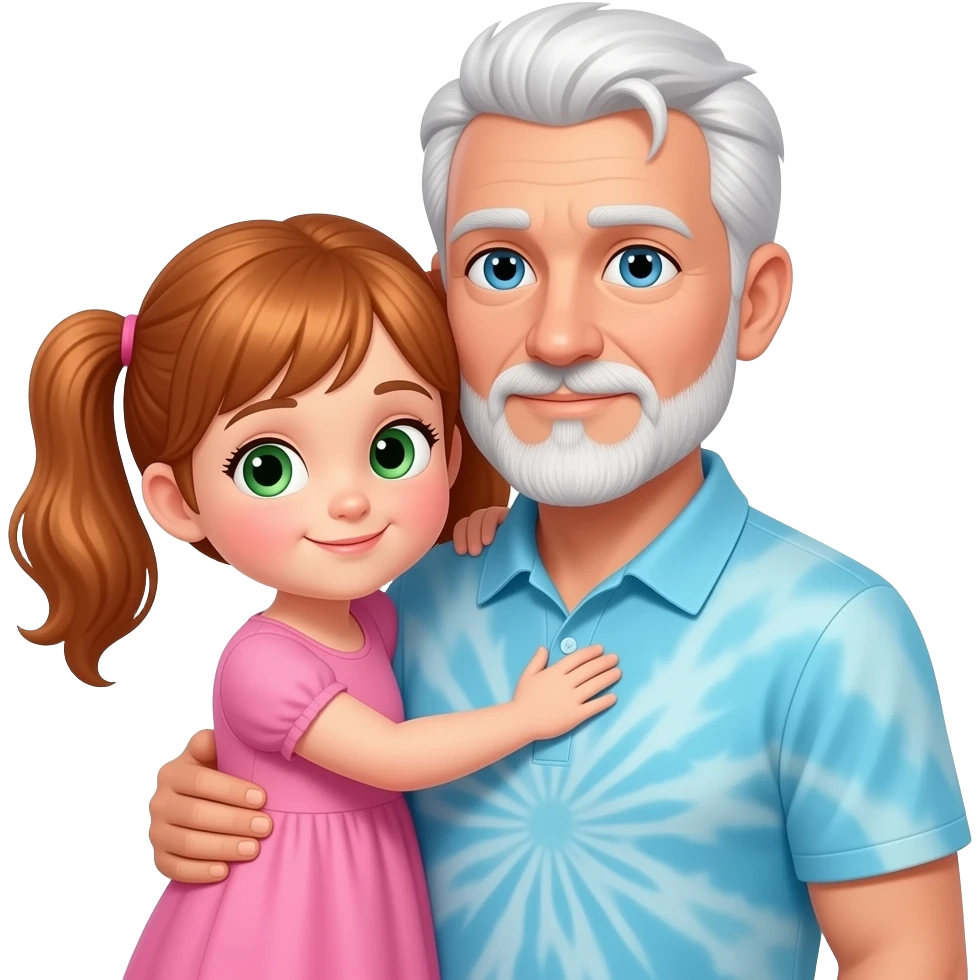 Auburn haired girl child with light green hazel eyes twin ponytails wearing an all pink sun dress hugging a light blue eyed adult father with side white fringe white eyebrows and white scruff style breard wearing a light blue tye dye polo shirt emoji
