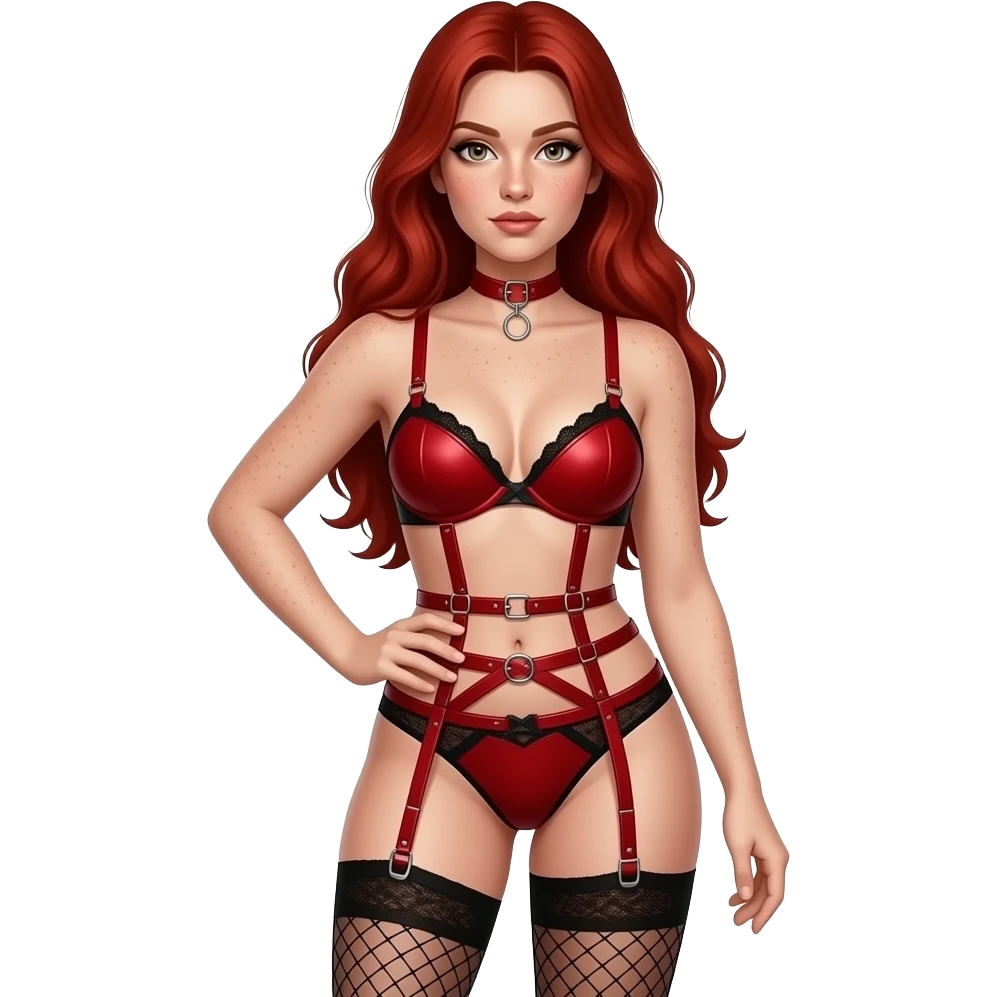 Light skin with freckles, long red hair, hazel eyes Dominatrix, wearing BDSM style red harness lingerie and black fishnet stockings. Dominant pose. emoji