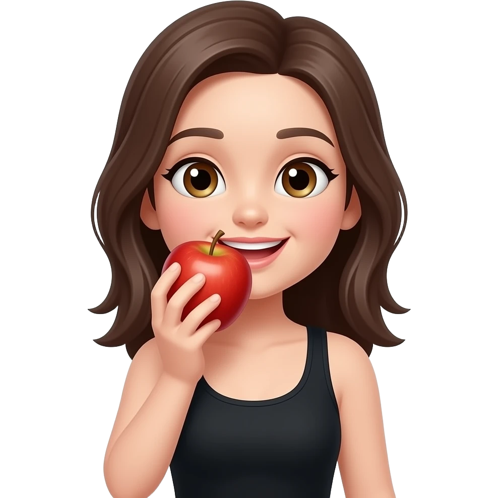 Cartoon 2d girl in black tank top hold an apple bites emoji