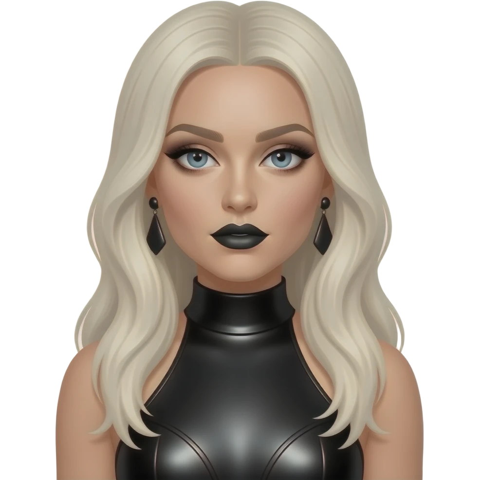 Ke$ha with grey-blue eyes, long platinum blonde hair, black eyeshadow, black lipstick, black metallic high neck dress, black earrings emoji