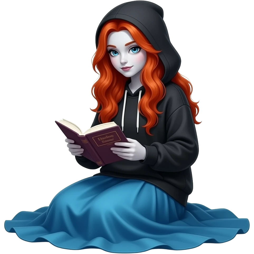 Vampiro femmina adolescente con capelli lunghi rosso fuoco ondulati con pelle bianca che indossa una gonna lunga azzurra e una felpa-top con cappuccio un po' larga nera e che sta leggendo seduta per terra emoji