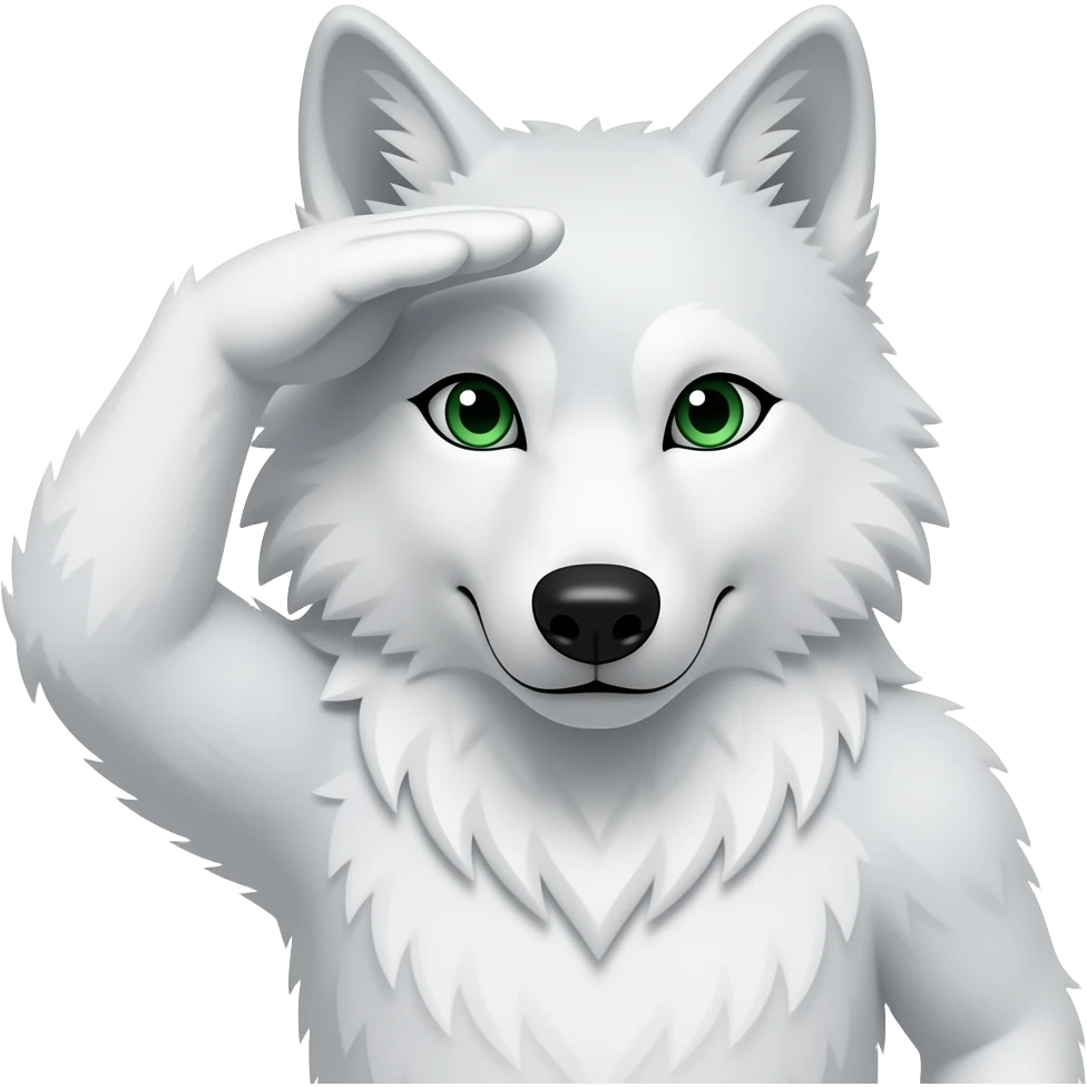 Stern White Wolf head paw saluting green eyed emoji