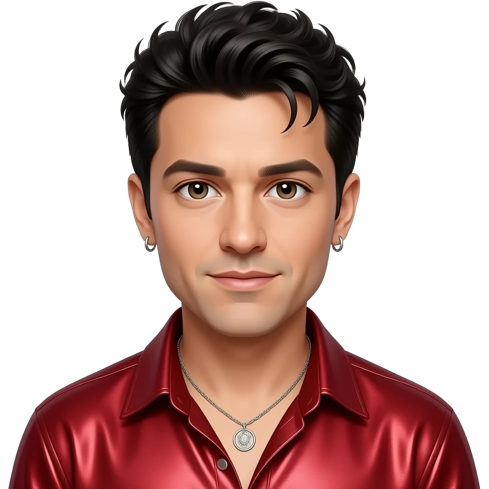 Jonathan Knight from NKOTB with hazel eyes, black 90s tousled cut hair, red metallic shirt, necklace and earrings emoji