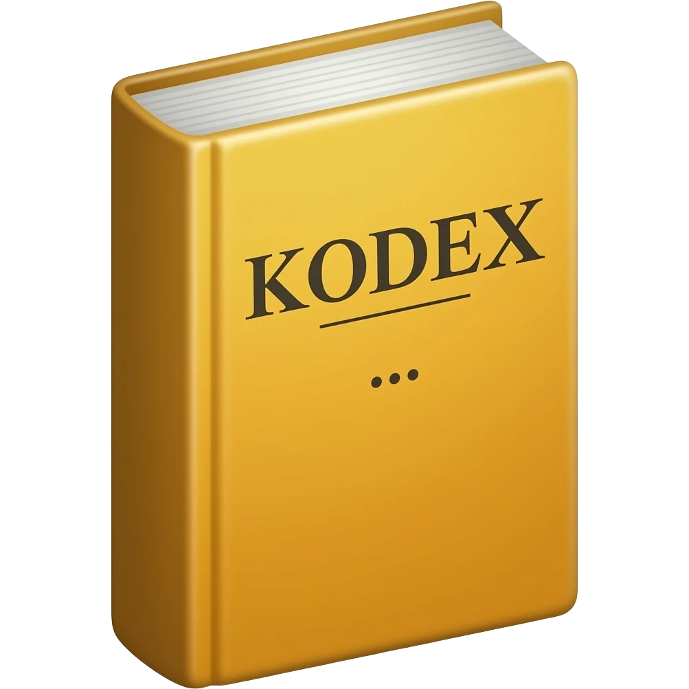a yellow thick book that in the front says KODEX in font Times New Roman and underneath has small bullet points you cannot read and looks like an austrian Kodex (Law Book) and is standing straight up emoji