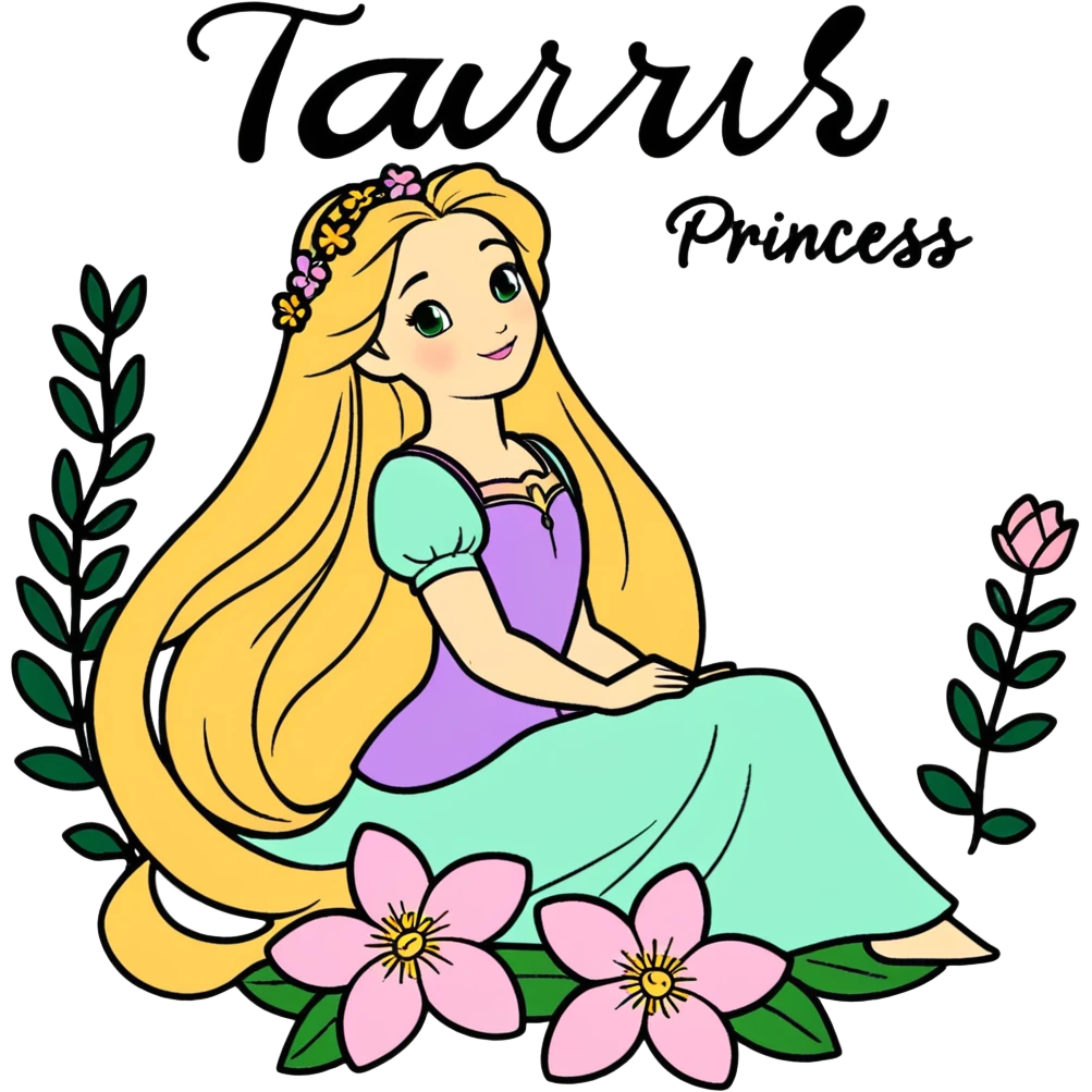 “Poster-style sticker, pastel green background. In the center: Rapunzel with long golden hair and flowers. On top: TAURUS. Below in cursive: ‘Nature’s Princess’. At the bottom: ‘Grounded, loving, graceful.’ 🌿🌸✨” emoji